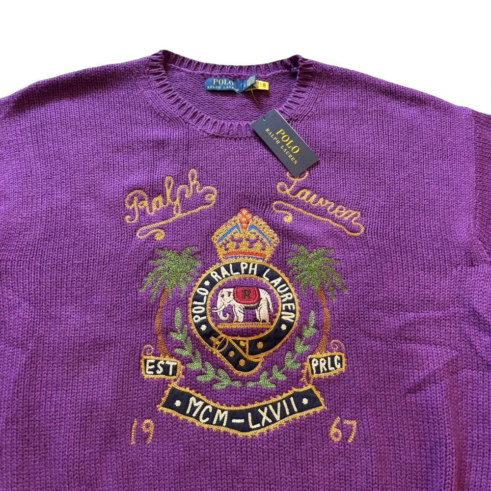Polo Ralph Lauren Mens Purple Crest Embroidered Cotton Sweater Large NWT